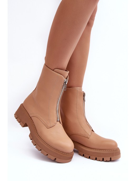 Leather Ankle Boots With Zipper Flat Heel Camel Vimal Leather Ankle Boots With Zipper Flat Heel Camel Vimal