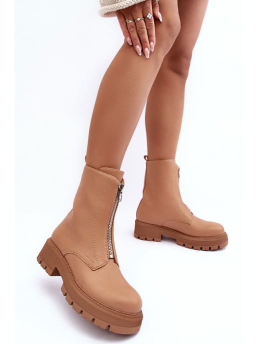 Leather Ankle Boots With Zipper Flat Heel Camel Vimal Leather Ankle Boots With Zipper Flat Heel Camel Vimal