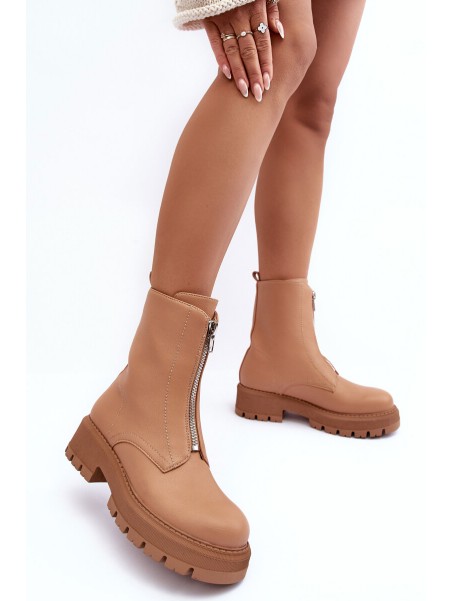Leather Ankle Boots With Zipper Flat Heel Camel Vimal