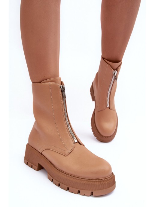 Leather Ankle Boots With Zipper Flat Heel Camel Vimal Leather Ankle Boots With Zipper Flat Heel Camel Vimal