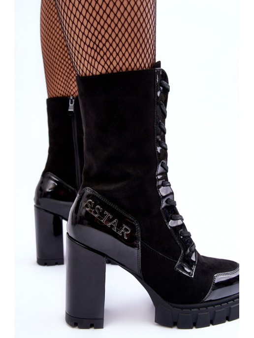 Leather Lace-Up Boots On Massive Heel Black Khariah Leather Lace-Up Boots On Massive Heel Black Khariah