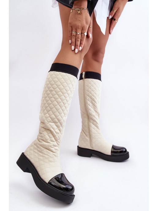 Quilted Knee-High Boots On Flat Heel Beige Amalfri