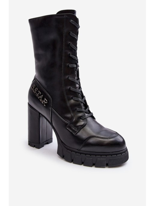 Leather Lace-Up Boots On Massive Heel Black Khariah