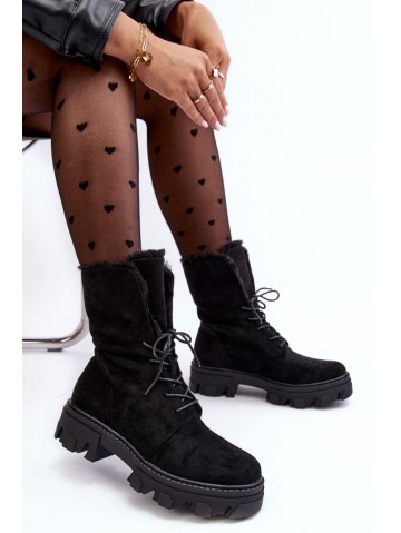 Suede Lace-Up Boots with Faux Fur Workery Black Frendo 2