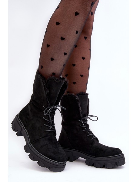 Suede Lace-Up Boots with Faux Fur Workery Black Frendo
