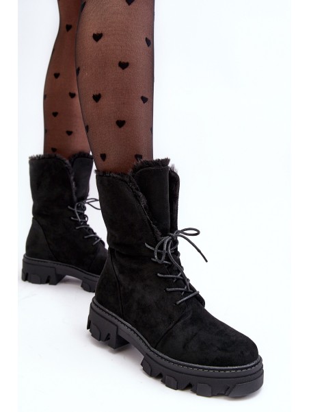 Suede Lace-Up Boots with Faux Fur Workery Black Frendo