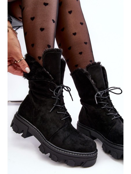 Suede Lace-Up Boots with Faux Fur Workery Black Frendo