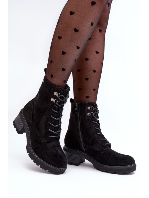 Damskie Botki Na Niskim Obcasie Sznurowane Czarne Adinail Damskie Botki Na Niskim Obcasie Sznurowane Czarne Adinail