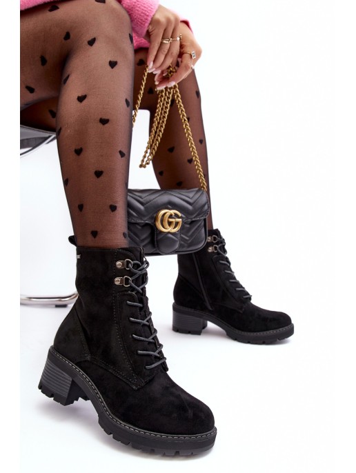 Damskie Botki Na Niskim Obcasie Sznurowane Czarne Adinail Damskie Botki Na Niskim Obcasie Sznurowane Czarne Adinail