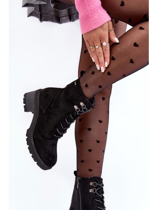 Damskie Botki Na Niskim Obcasie Sznurowane Czarne Adinail Damskie Botki Na Niskim Obcasie Sznurowane Czarne Adinail