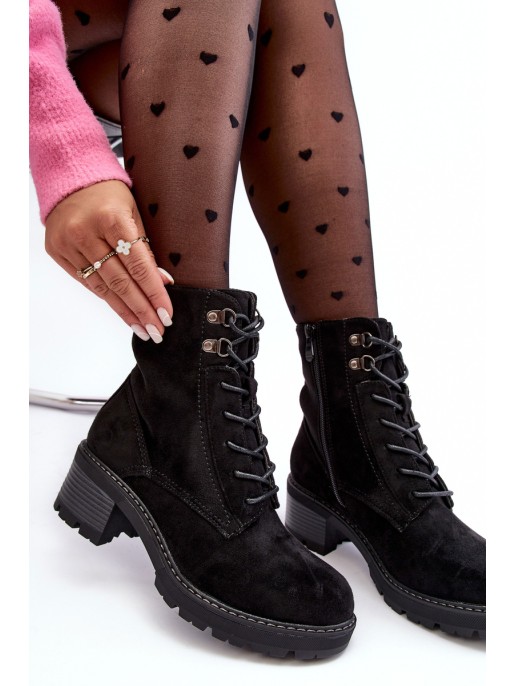 Damskie Botki Na Niskim Obcasie Sznurowane Czarne Adinail Damskie Botki Na Niskim Obcasie Sznurowane Czarne Adinail