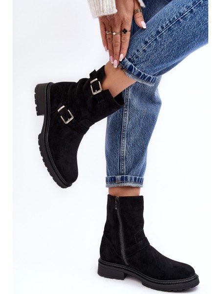 Women's Flat Heel Boots with Buckles Black Bliggore