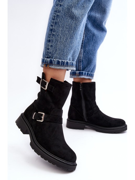 Women's Flat Heel Boots with Buckles Black Bliggore