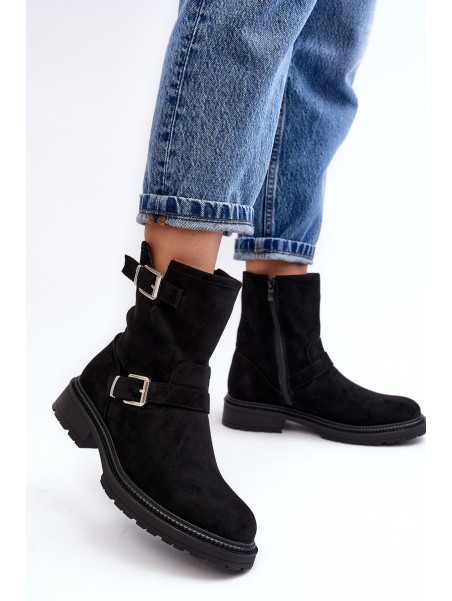 Women's Flat Heel Boots with Buckles Black Bliggore