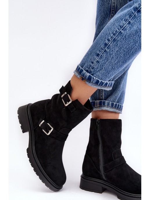 Women's Flat Heel Boots with Buckles Black Bliggore