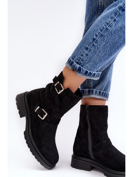 Women's Flat Heel Boots with Buckles Black Bliggore
