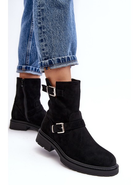 Women's Flat Heel Boots with Buckles Black Bliggore