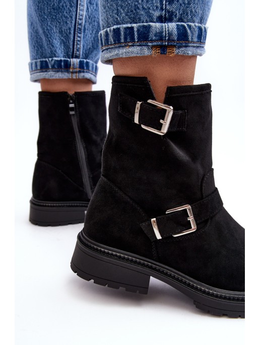 Women's Flat Heel Boots with Buckles Black Bliggore