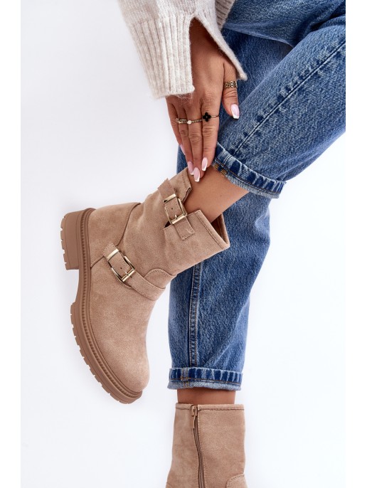 Women's Flat Heel Boots with Buckles Beige Bliggore Women's Flat Heel Boots with Buckles Beige Bliggore