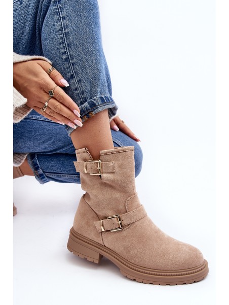 Women's Flat Heel Boots with Buckles Beige Bliggore