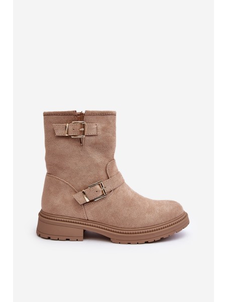 Women's Flat Heel Boots with Buckles Beige Bliggore
