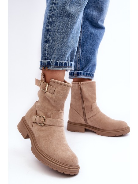 Women's Flat Heel Boots with Buckles Beige Bliggore