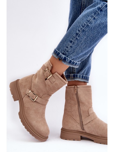 Women's Flat Heel Boots with Buckles Beige Bliggore