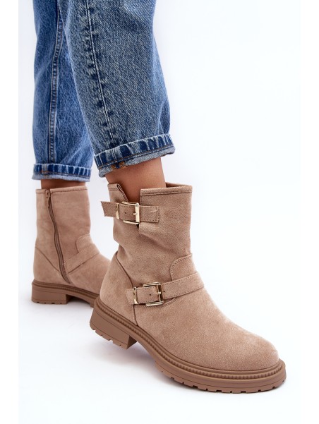 Women's Flat Heel Boots with Buckles Beige Bliggore