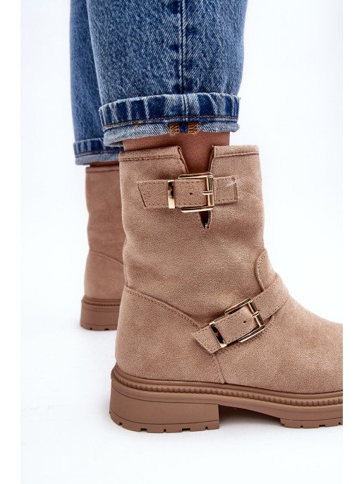 Women's Flat Heel Boots with Buckles Beige Bliggore Women's Flat Heel Boots with Buckles Beige Bliggore