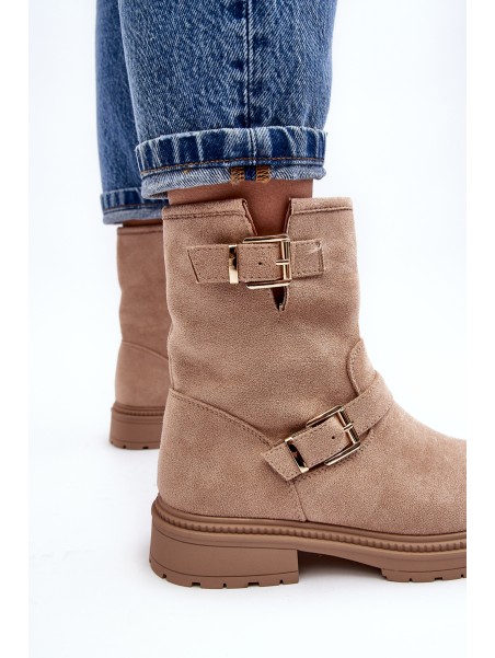 Women's Flat Heel Boots with Buckles Beige Bliggore
