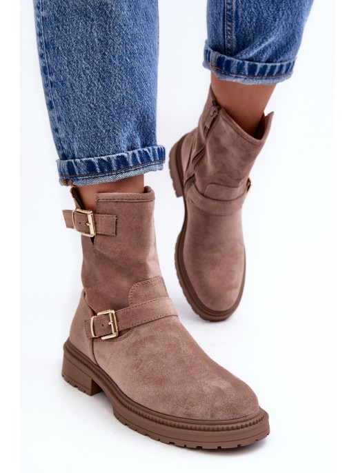 Women's Flat Heel Boots with Buckles Dark Beige Bliggore Women's Flat Heel Boots with Buckles Dark Beige Bliggore