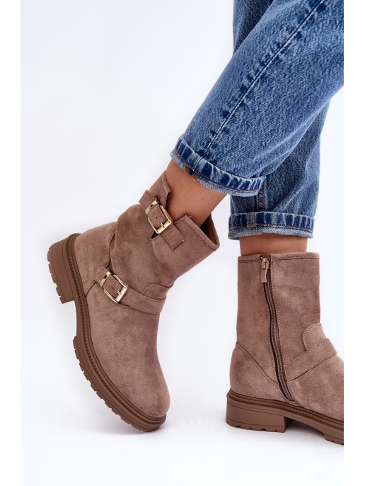 Women's Flat Heel Boots with Buckles Dark Beige Bliggore Women's Flat Heel Boots with Buckles Dark Beige Bliggore