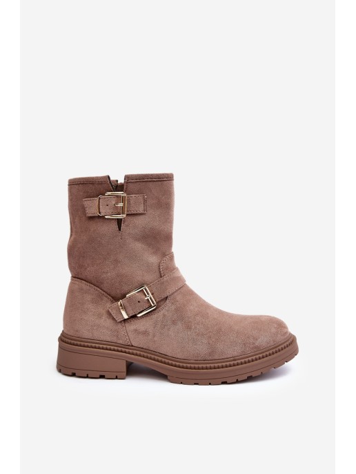 Women's Flat Heel Boots with Buckles Dark Beige Bliggore Women's Flat Heel Boots with Buckles Dark Beige Bliggore