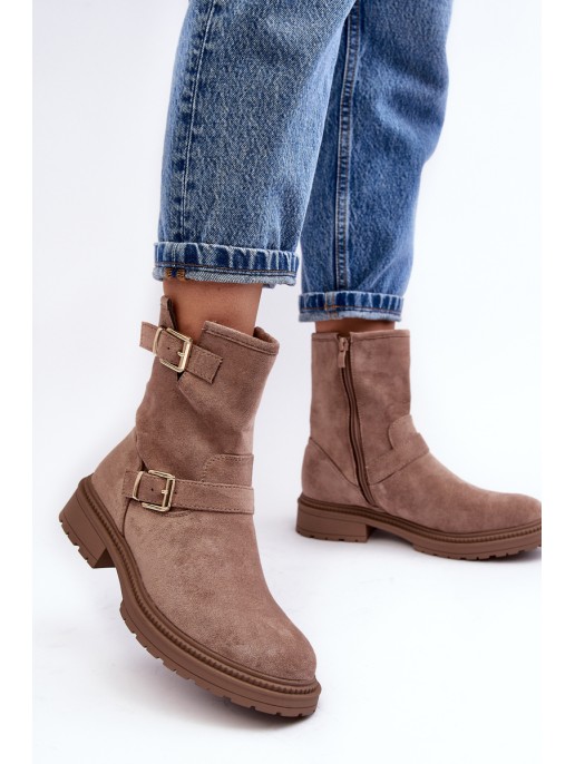 Women's Flat Heel Boots with Buckles Dark Beige Bliggore Women's Flat Heel Boots with Buckles Dark Beige Bliggore