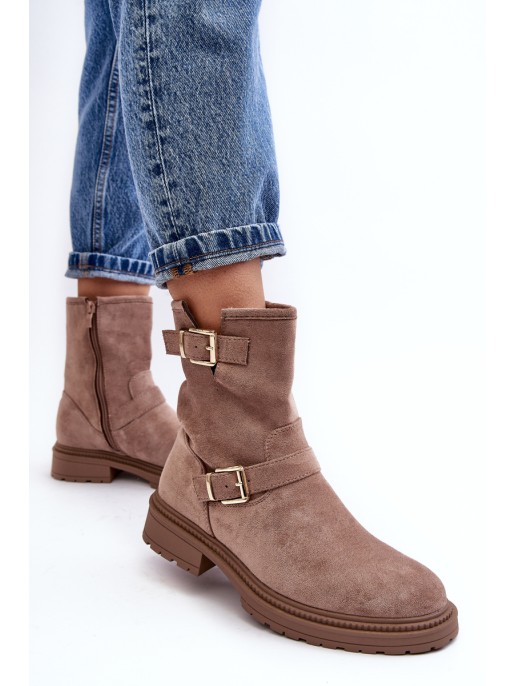 Women's Flat Heel Boots with Buckles Dark Beige Bliggore Women's Flat Heel Boots with Buckles Dark Beige Bliggore