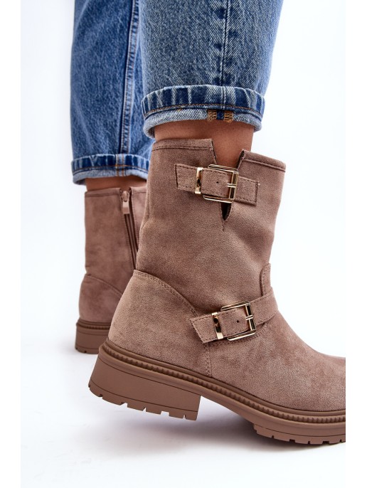 Women's Flat Heel Boots with Buckles Dark Beige Bliggore Women's Flat Heel Boots with Buckles Dark Beige Bliggore