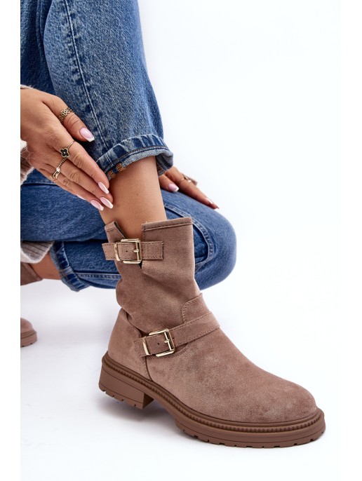 Women's Flat Heel Boots with Buckles Dark Beige Bliggore Women's Flat Heel Boots with Buckles Dark Beige Bliggore