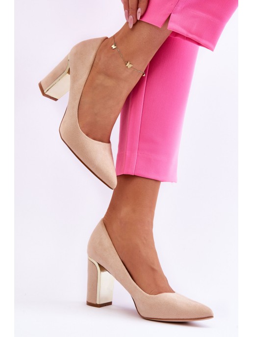 Classic Suede Pumps On A Decorative Heel Beige Elizabeth