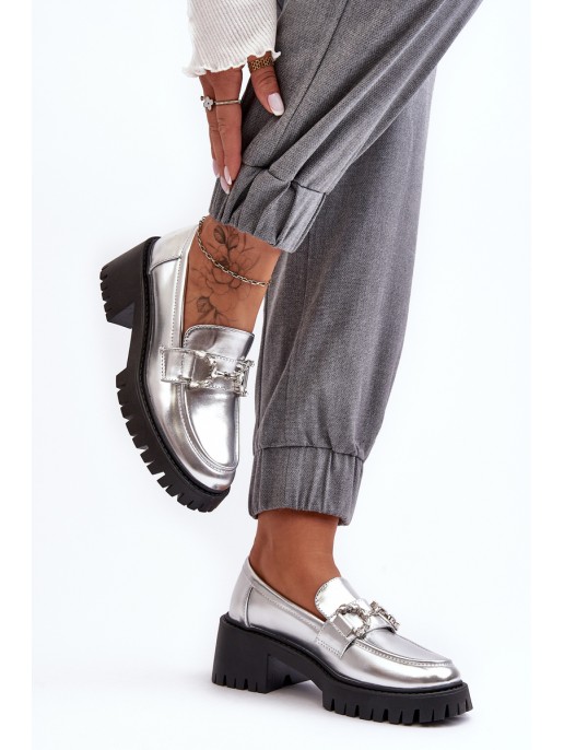 Women's Leather Half-Boots On Massive Heel Silver Lemmitty