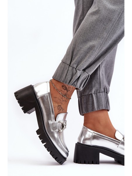 Women's Leather Half-Boots On Massive Heel Silver Lemmitty