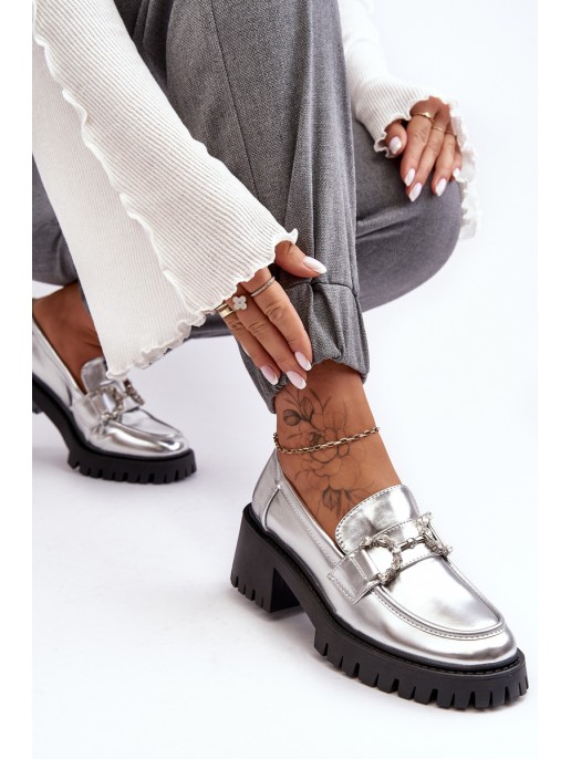 Women's Leather Half-Boots On Massive Heel Silver Lemmitty