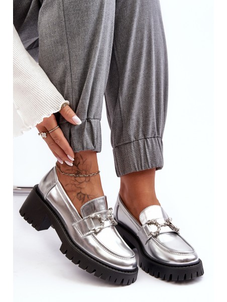 Women's Leather Half-Boots On Massive Heel Silver Lemmitty