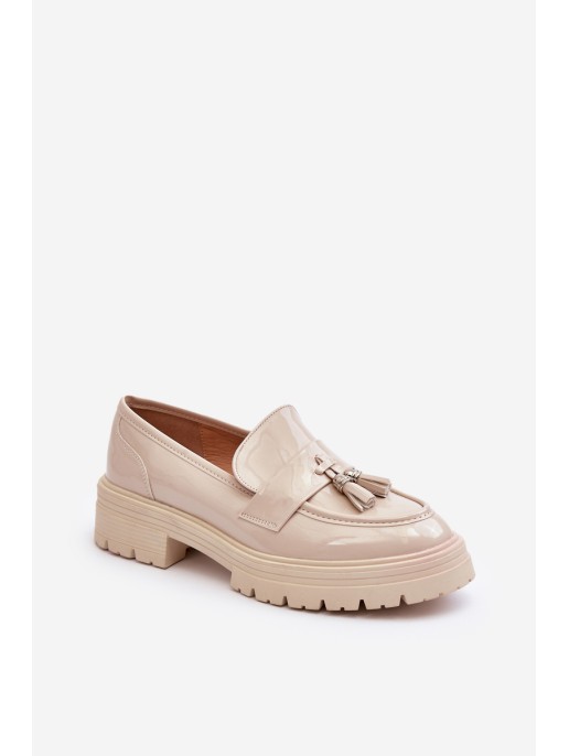 Lacquered Loafers with Fringes Light Beige Velenase