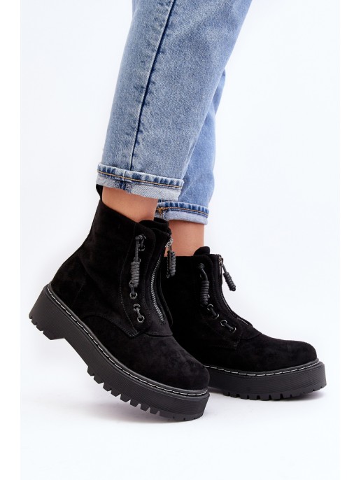 Women's Suede Trapper Boots with Thick Sole and Zipper Black Edivame