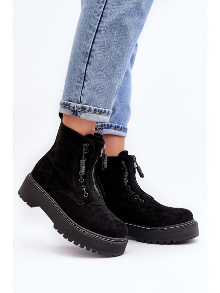 Women's Suede Trapper Boots with Thick Sole and Zipper Black Edivame