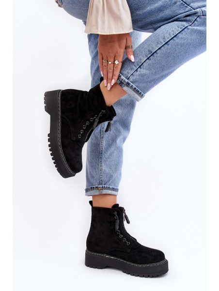 Women's Suede Trapper Boots with Thick Sole and Zipper Black Edivame