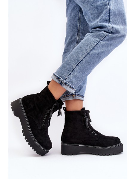 Women's Suede Trapper Boots with Thick Sole and Zipper Black Edivame