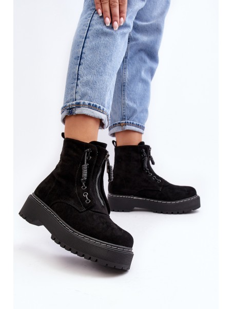 Women's Suede Trapper Boots with Thick Sole and Zipper Black Edivame