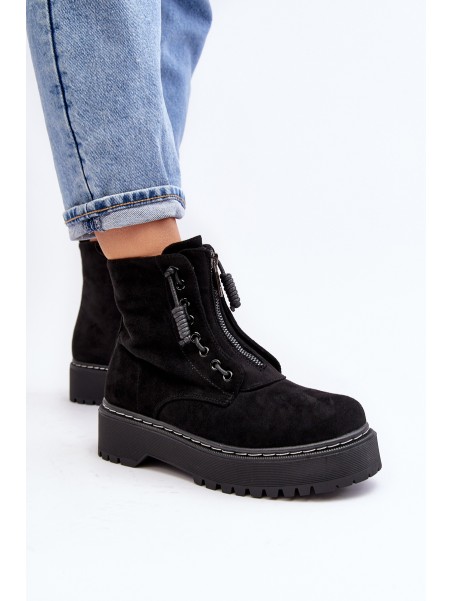 Women's Suede Trapper Boots with Thick Sole and Zipper Black Edivame