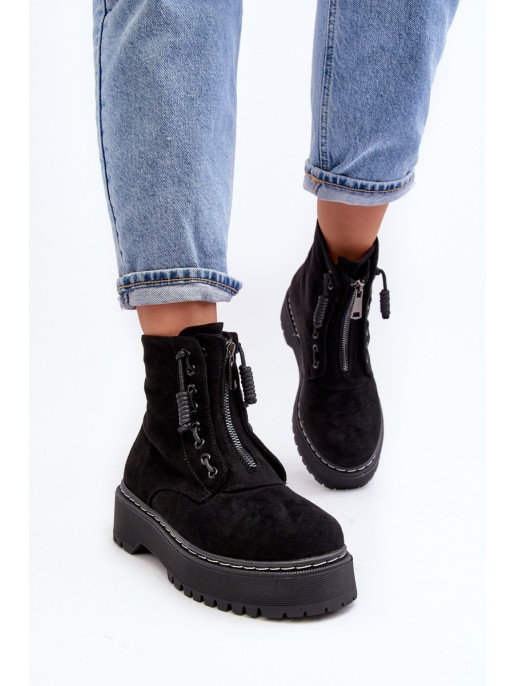 Women's Suede Trapper Boots with Thick Sole and Zipper Black Edivame